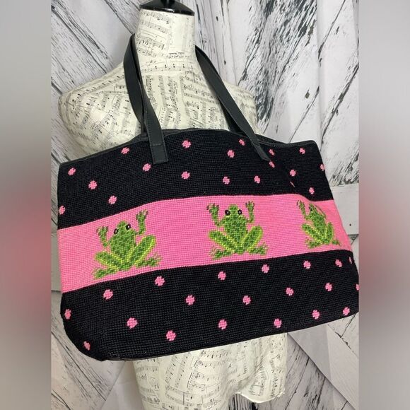 Needlepoint & Leather Tote Handbag w/Frogs - Picture 1 of 9